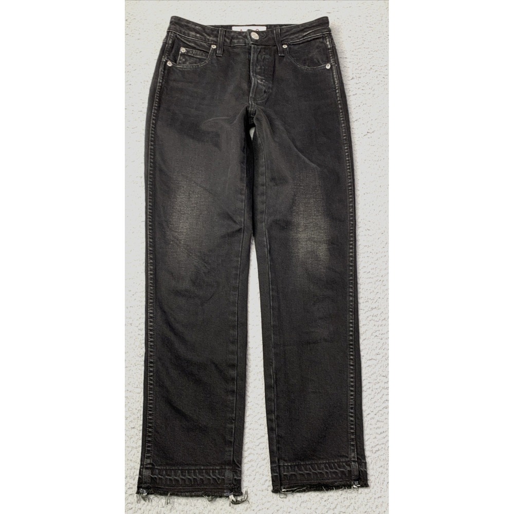 AMO Jeans Womens Size 26 Button Fly Raw Hem Black Lightly Distressed Made In USA